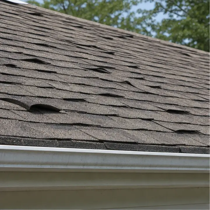 Aged asphalt shingles with curled and worn edges along the roof surface.