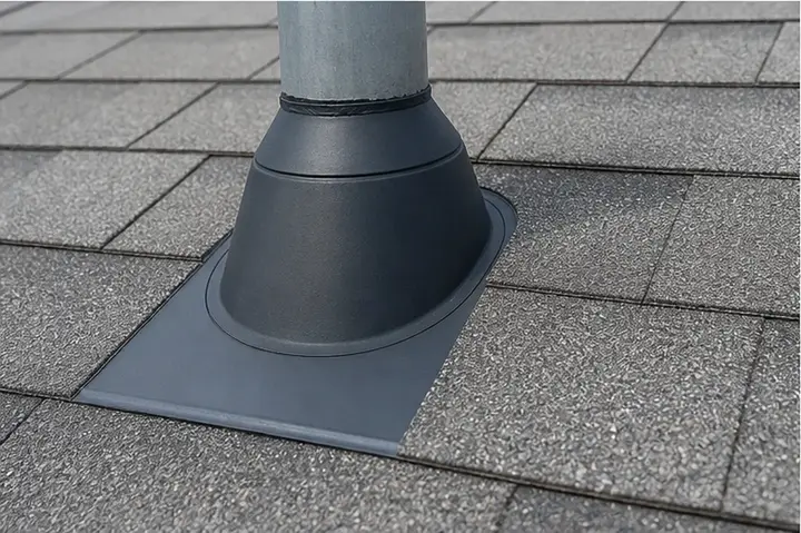 Roof vent flashing seated tightly against asphalt shingles.