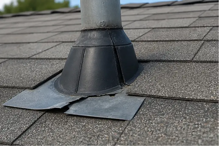 Poorly installed chimney flashing with lifted metal and visible gaps.