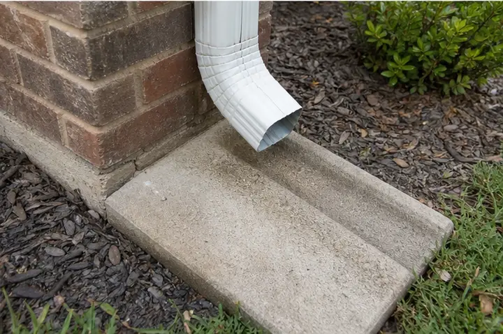 Light roof granules on a concrete splash block below a downspout.