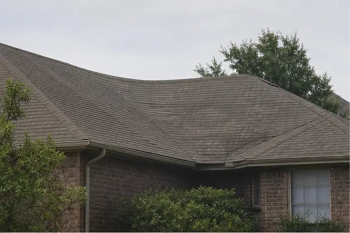 Roof plane with a visible sagging or dipping area.